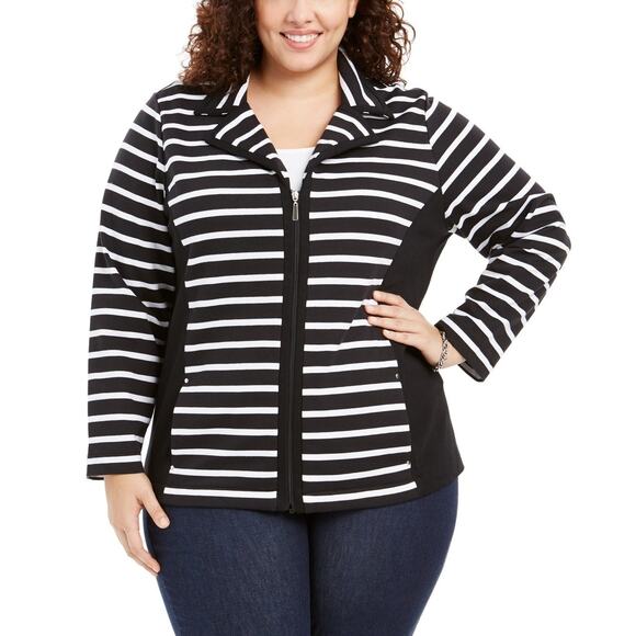 NEW Karen Scott Notch Collar Zip-Front Black White Stripe Jacket Women's Plus 3X - Picture 1 of 10